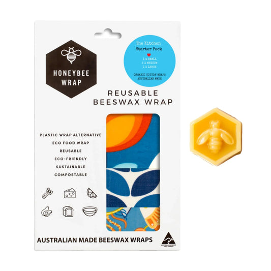 Reusable beeswax food wrap starter pack with colorful wraps and yellow bee-shaped beeswax block