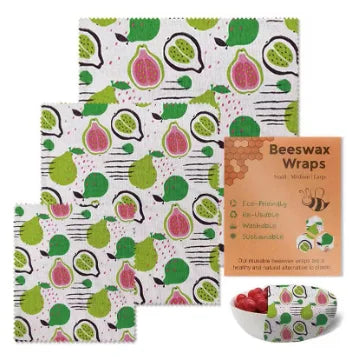 Reusable beeswax food wrap set with fig and pear pattern for plastic-free kitchen storage.