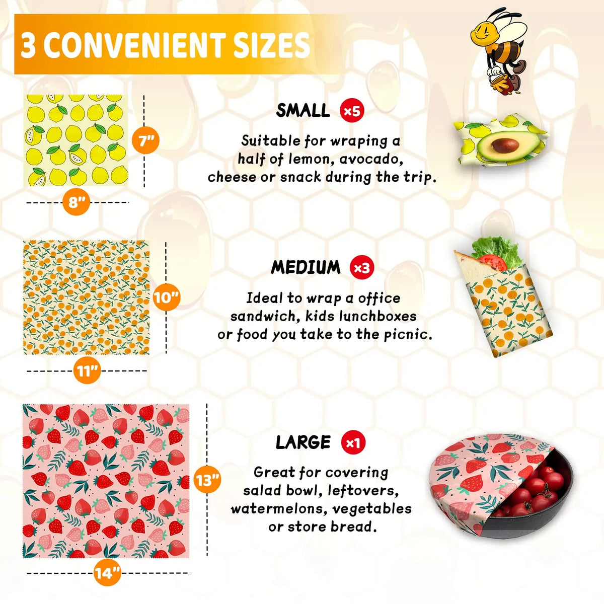 Reusable beeswax food wrap sizing chart with small lemon, medium orange, and large strawberry patterns.