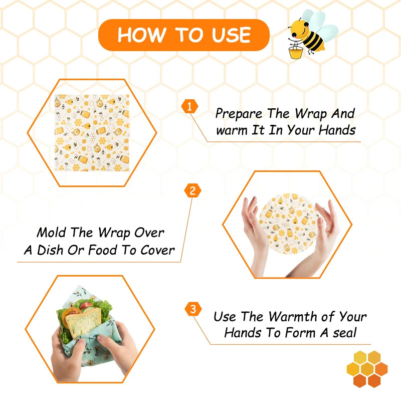 How-to guide for a reusable beeswax food wrap, showing steps for plastic-free kitchen storage.