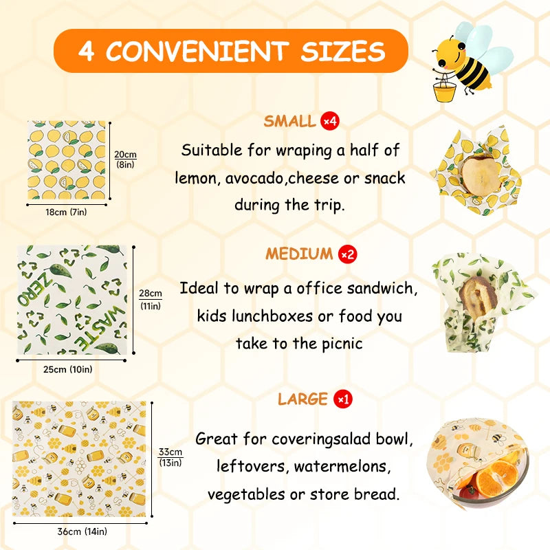 Reusable beeswax food wrap size guide showing small, medium, and large dimensions for plastic-free kitchen storage.