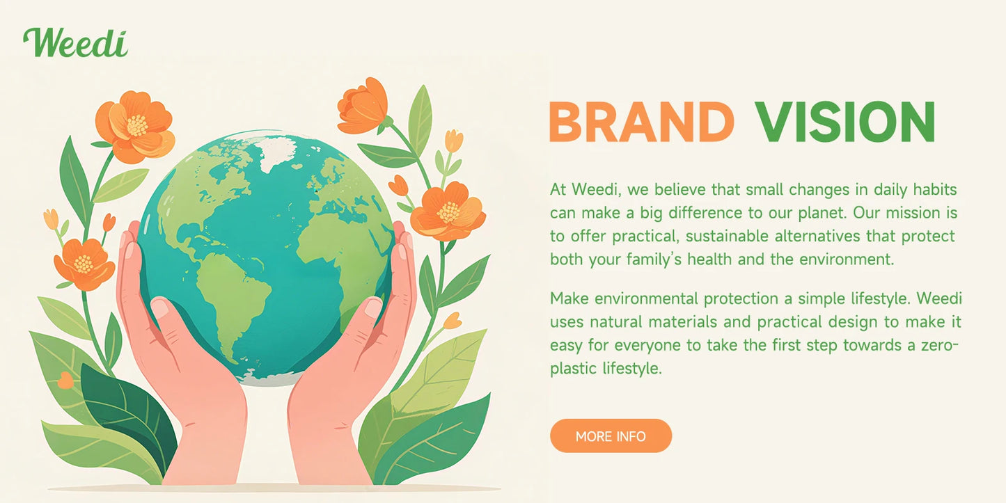 Weedi brand vision banner showing hands holding the Earth, surrounded by flowers and leaves for plastic-free kitchen storage.