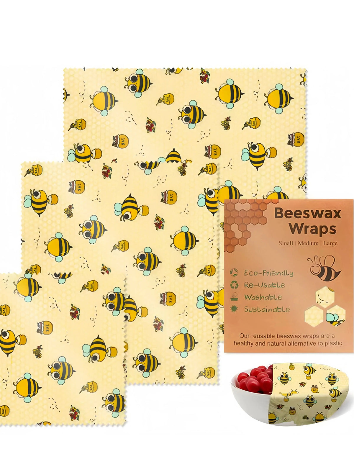 Yellow reusable beeswax food wrap with cartoon bee pattern for plastic-free kitchen storage.