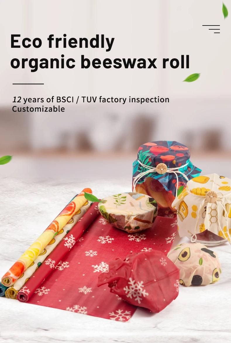 Colorful reusable beeswax food wrap rolls and covers for plastic-free kitchen storage.