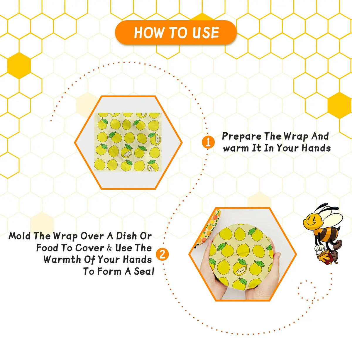 Yellow lemon-patterned reusable beeswax food wrap demonstrating steps for plastic-free kitchen storage.