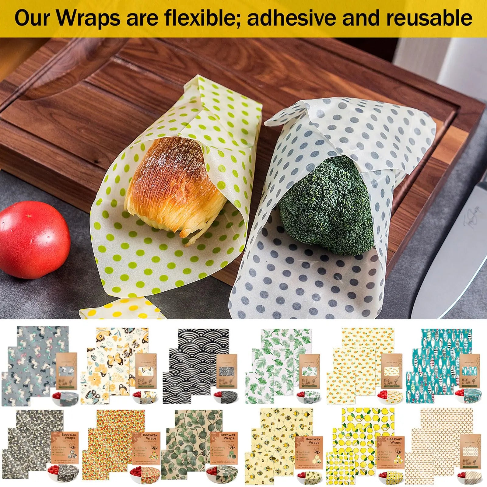 Reusable beeswax food wrap for plastic-free kitchen storage, wrapping bread and broccoli on a wooden board with other pattern options.