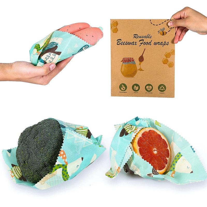 Reusable beeswax food wrap for plastic-free kitchen storage, featuring a blue bear pattern wrapping produce and sweet potatoes.
