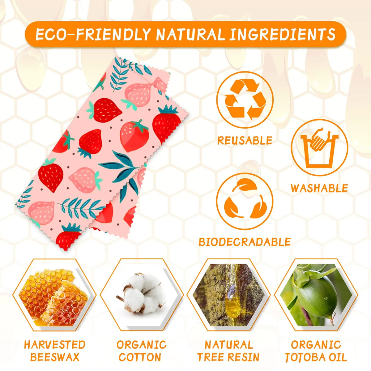 Reusable beeswax food wrap with strawberry pattern for plastic-free kitchen storage.