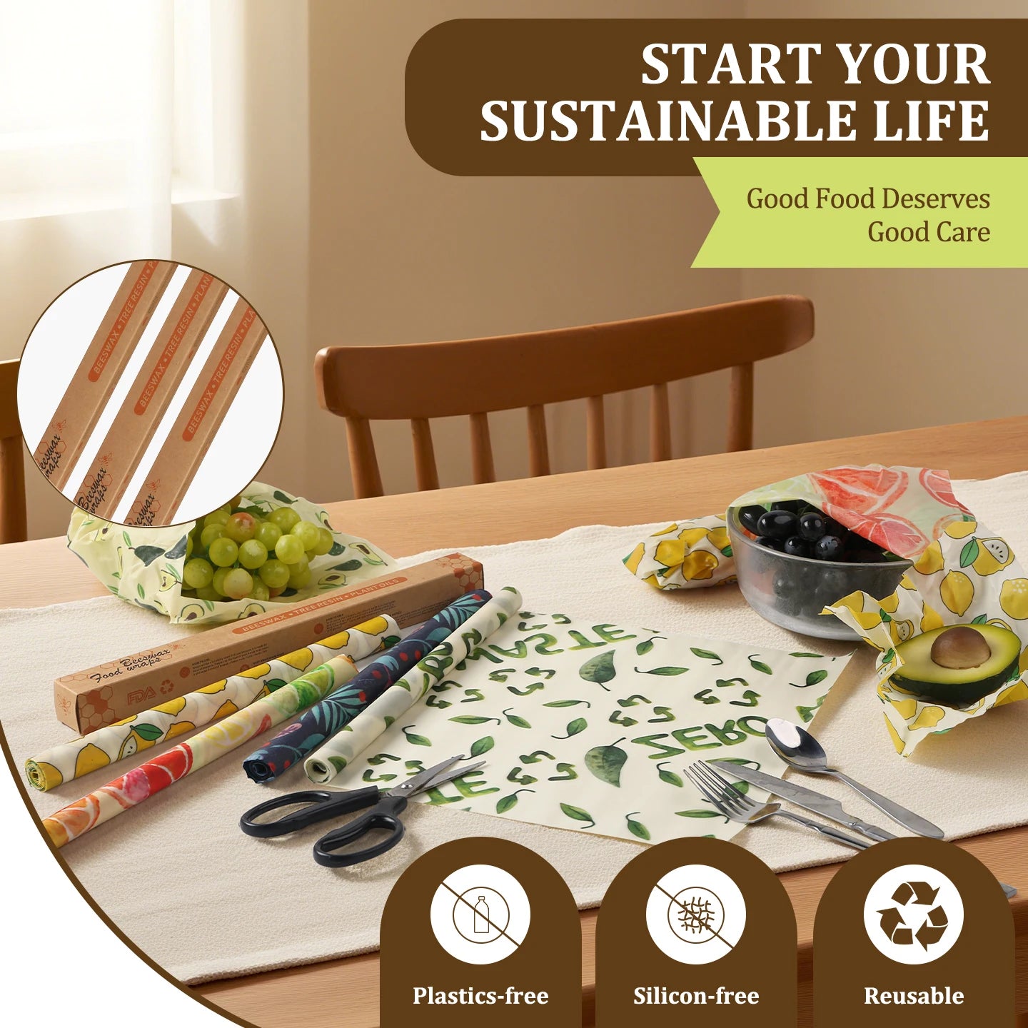 Reusable beeswax food wrap for plastic-free kitchen storage featuring assorted colorful patterns on a table.