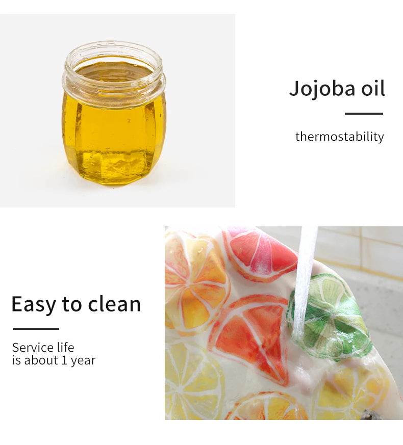 Reusable beeswax food wrap with colorful citrus fruit pattern, being washed with water for plastic-free kitchen storage.