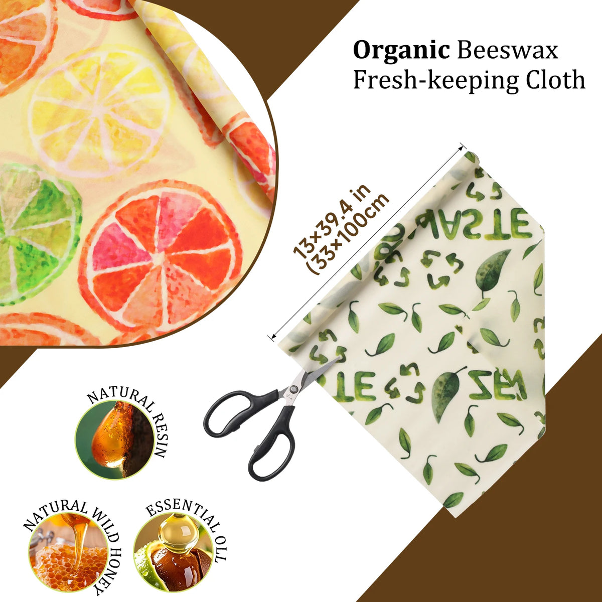 Reusable beeswax food wrap roll in citrus and leaf patterns for plastic-free kitchen storage.