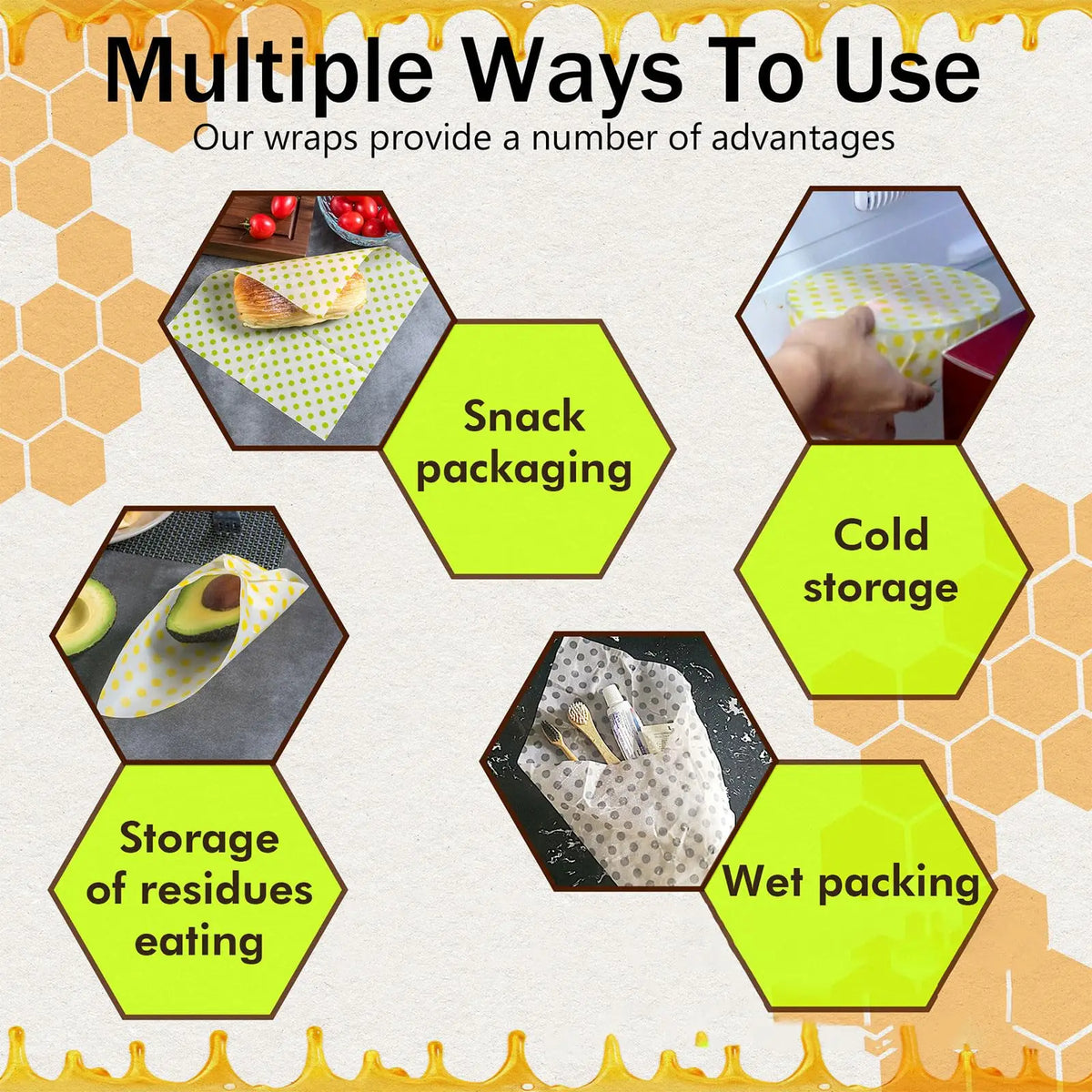 Reusable beeswax food wrap catalog showing zero-waste avocado and bread wrap for plastic-free kitchen storage.