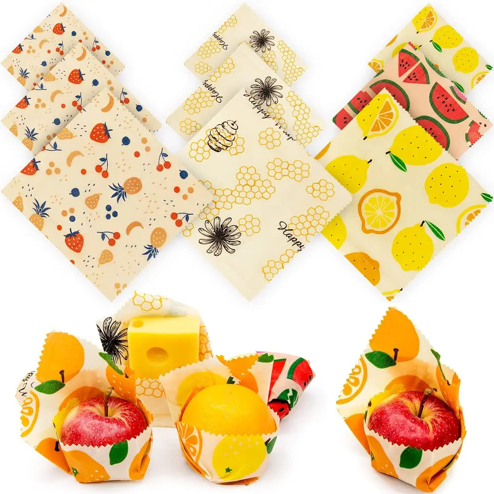 Three patterned reusable beeswax food wrap sets displaying fruit, honeycomb, and floral prints for plastic-free kitchen storage.