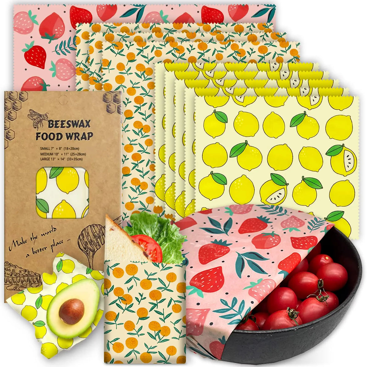 Reusable beeswax food wrap set with lemon, orange, and strawberry patterns for plastic-free kitchen storage.