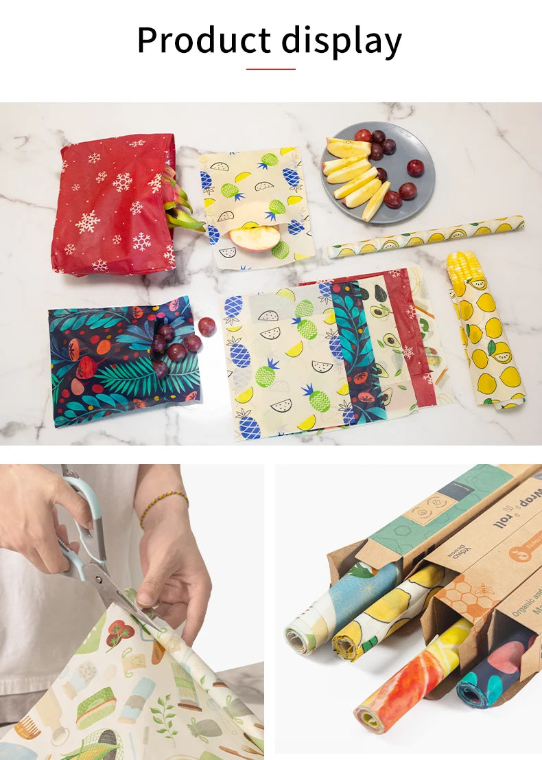 Reusable beeswax food wrap for plastic-free kitchen storage, shown in various colorful patterns and rolls being cut to size.