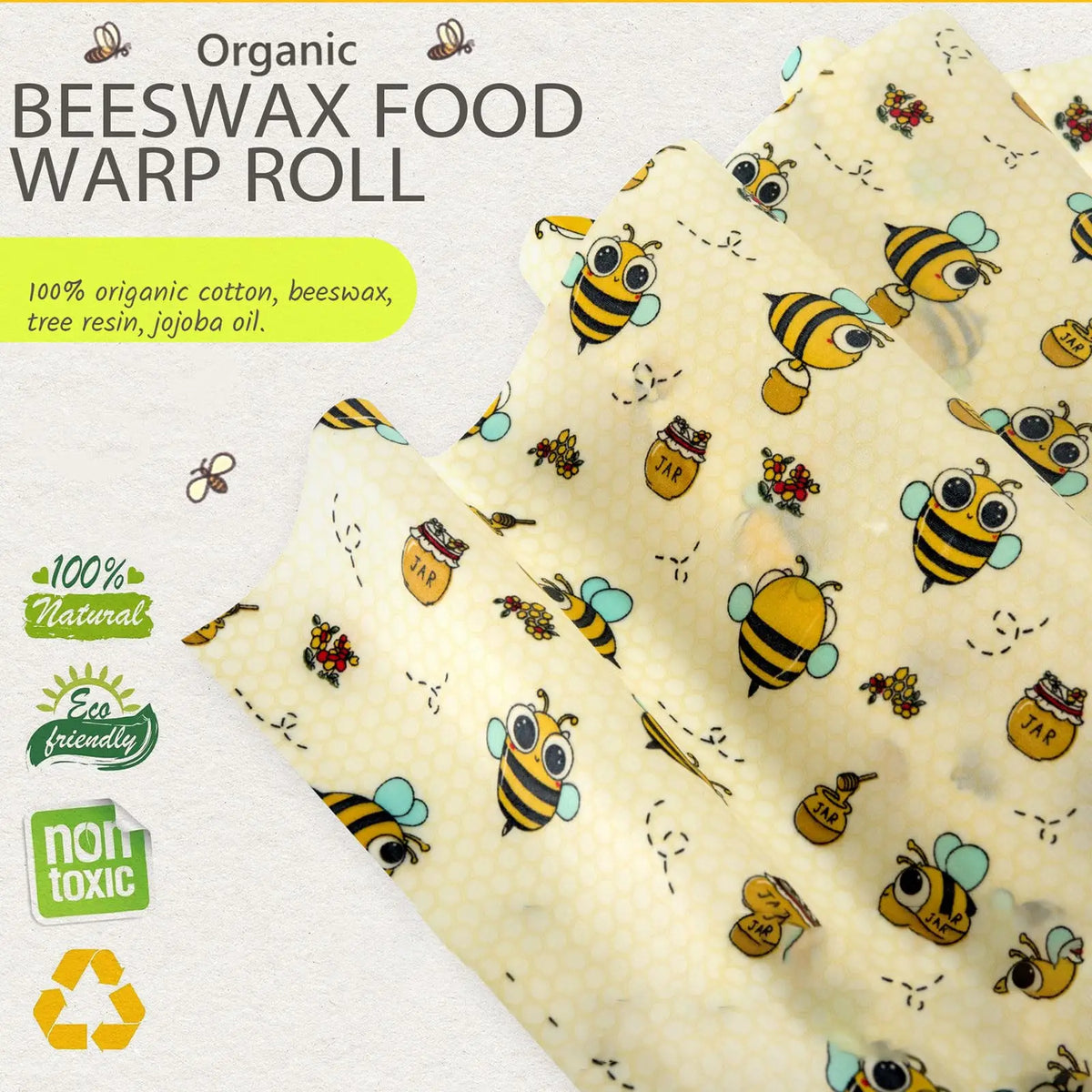 Yellow reusable beeswax food wrap with bee pattern for plastic-free kitchen storage.