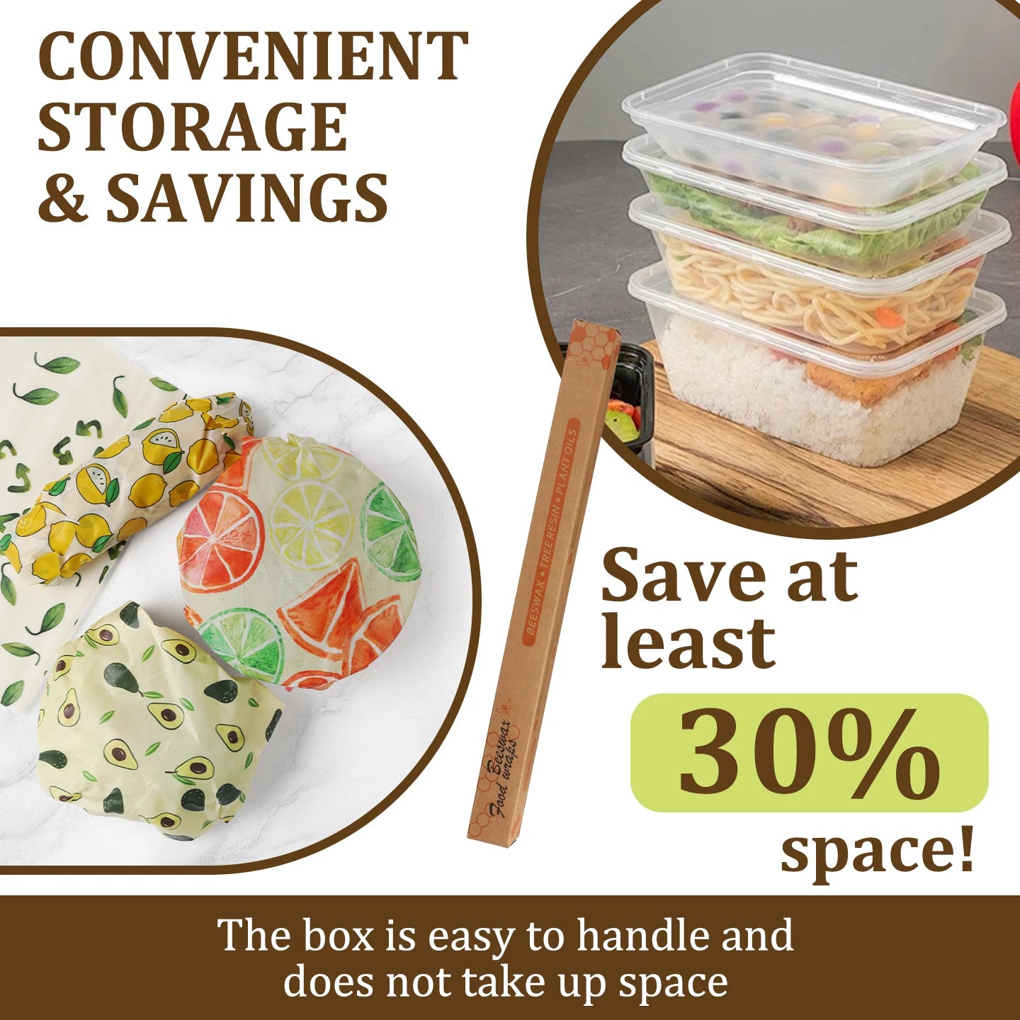 Reusable beeswax food wrap roll in box for plastic-free kitchen storage with lemon, citrus, and avocado patterns.