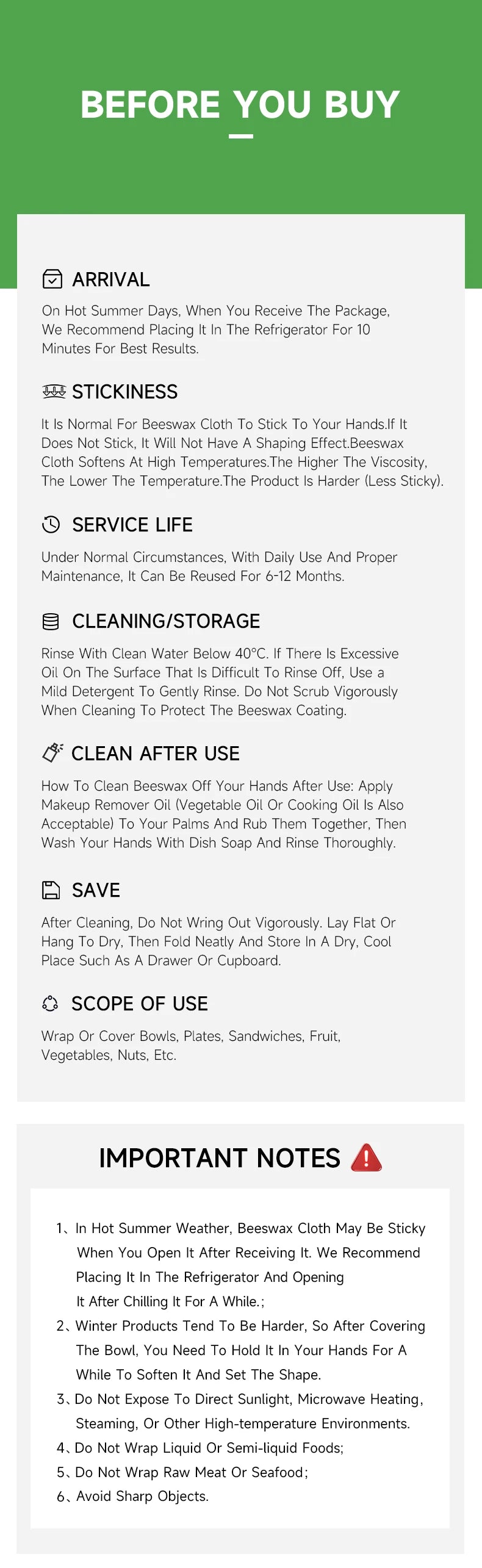 Infographic detailing care instructions and use tips for reusable beeswax food wrap in plastic-free kitchen storage.