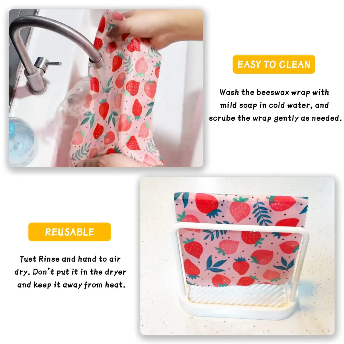 Reusable beeswax food wrap being washed in a sink for plastic-free kitchen storage.