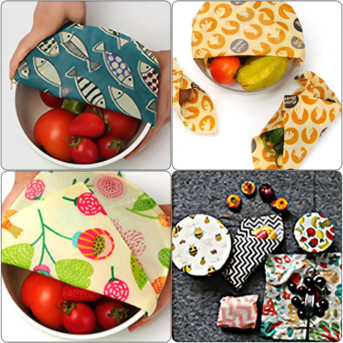 Collage of various reusable food wraps with different patterns and uses.