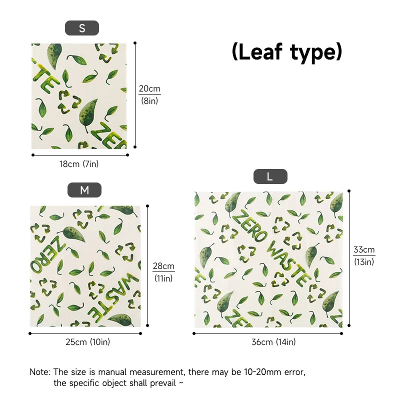 Leaf-patterned reusable beeswax food wrap in S, M, L sizes for plastic-free kitchen storage.