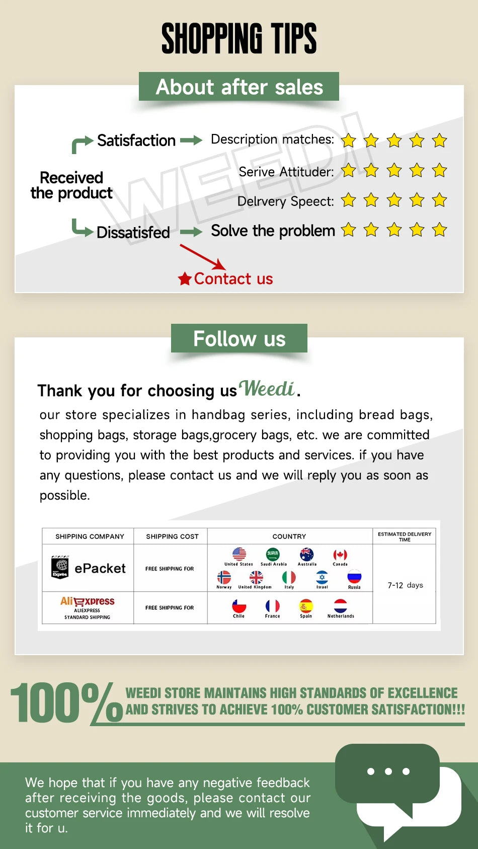 Customer service and shipping information infographic for plastic-free kitchen storage.
