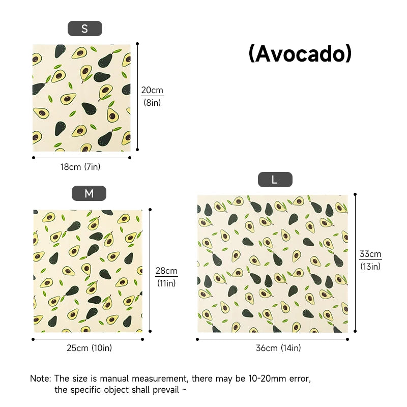 Three square reusable beeswax food wrap sheets in an avocado pattern for plastic-free kitchen storage with dimensions.