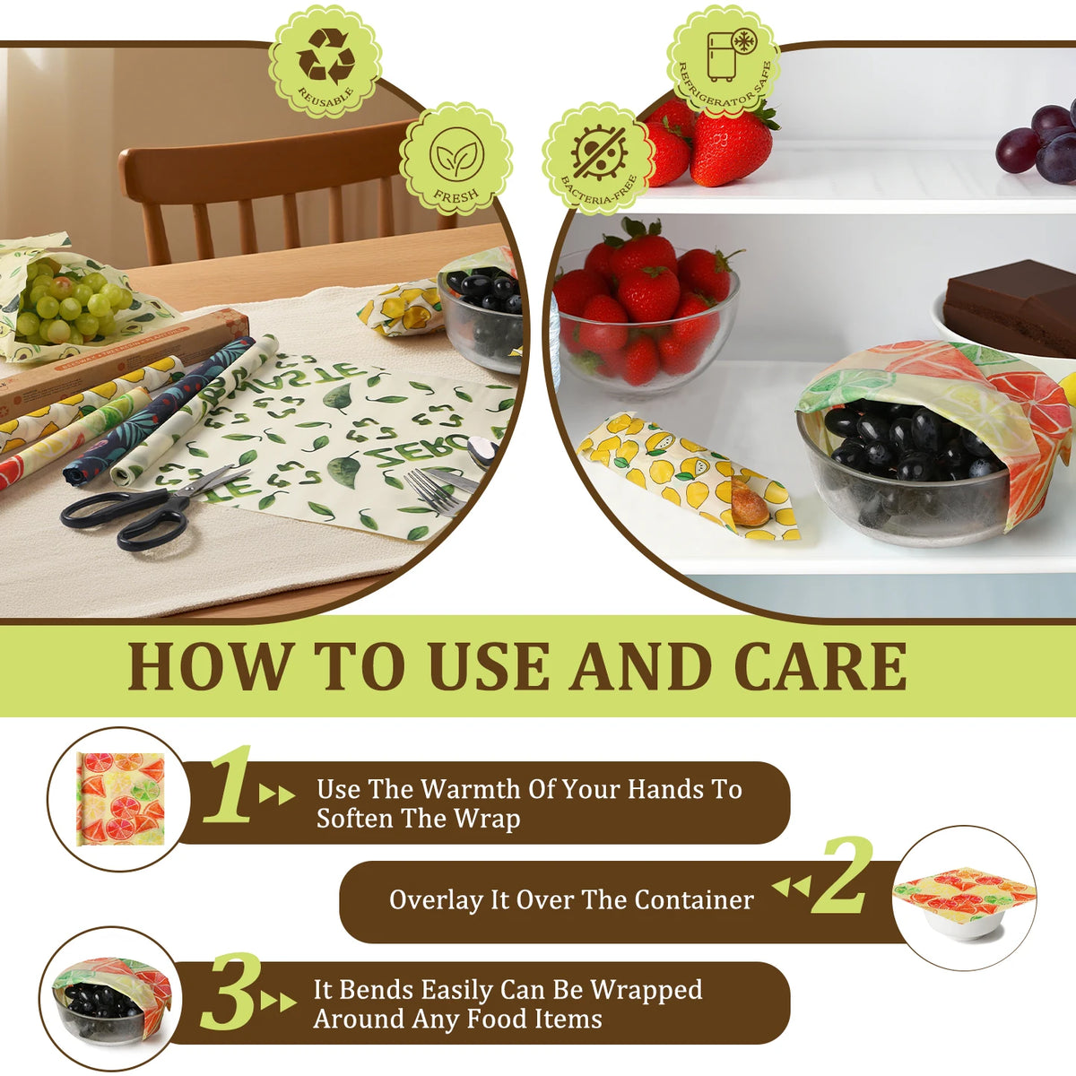 Reusable beeswax food wrap for plastic-free kitchen storage, shown in rolls and covering bowls of fruit on a table and in a fridge.