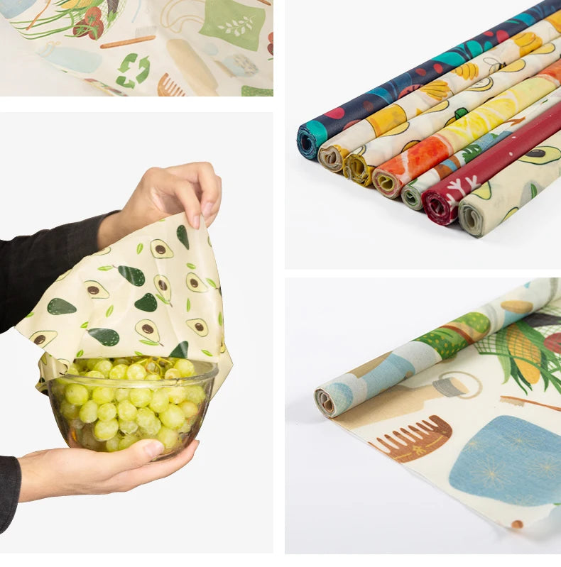 Collage of reusable beeswax food wrap in various patterns and colors for plastic-free kitchen storage.