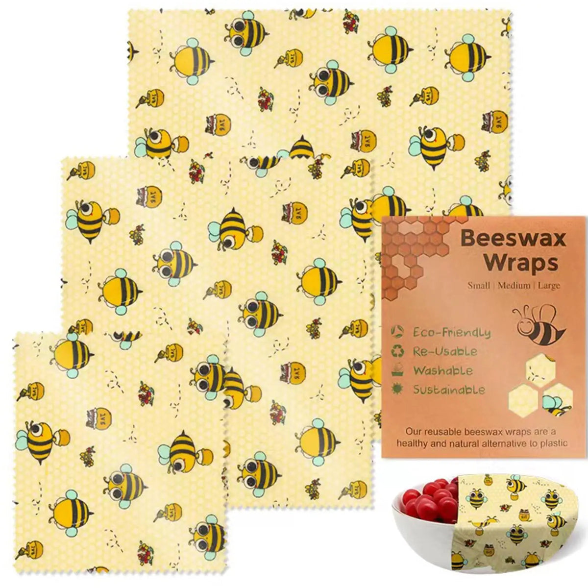 Beeswax wraps with bee pattern and packaging on a white background