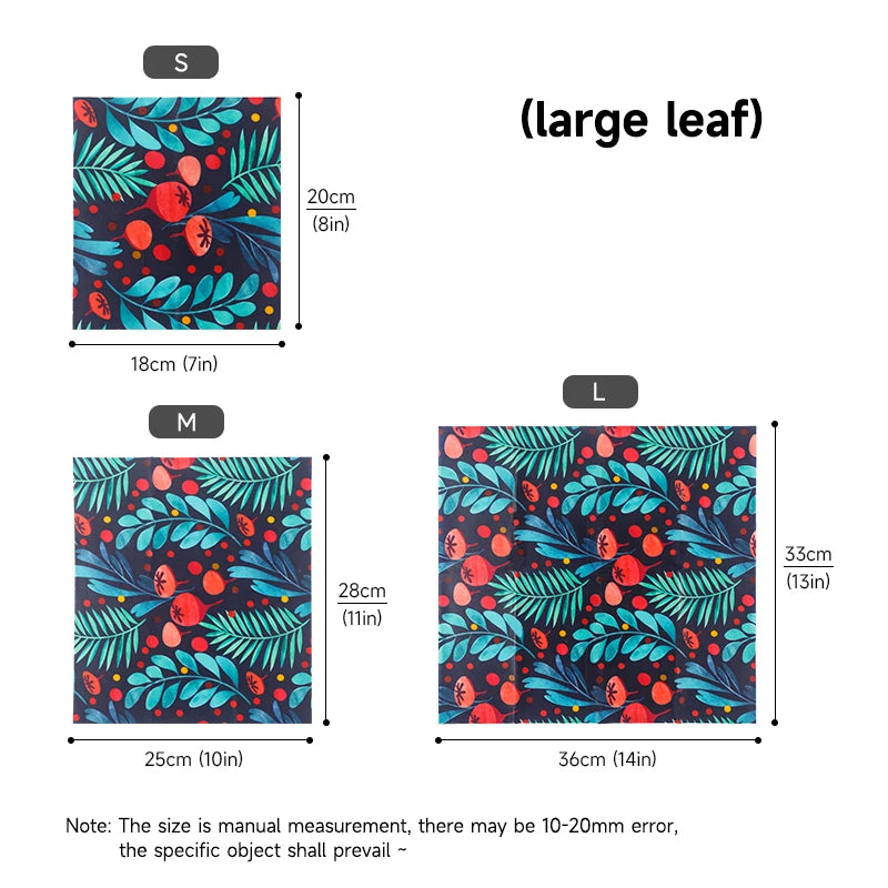 Three sizes of square reusable beeswax food wrap featuring a large leaf pattern for plastic-free kitchen storage.